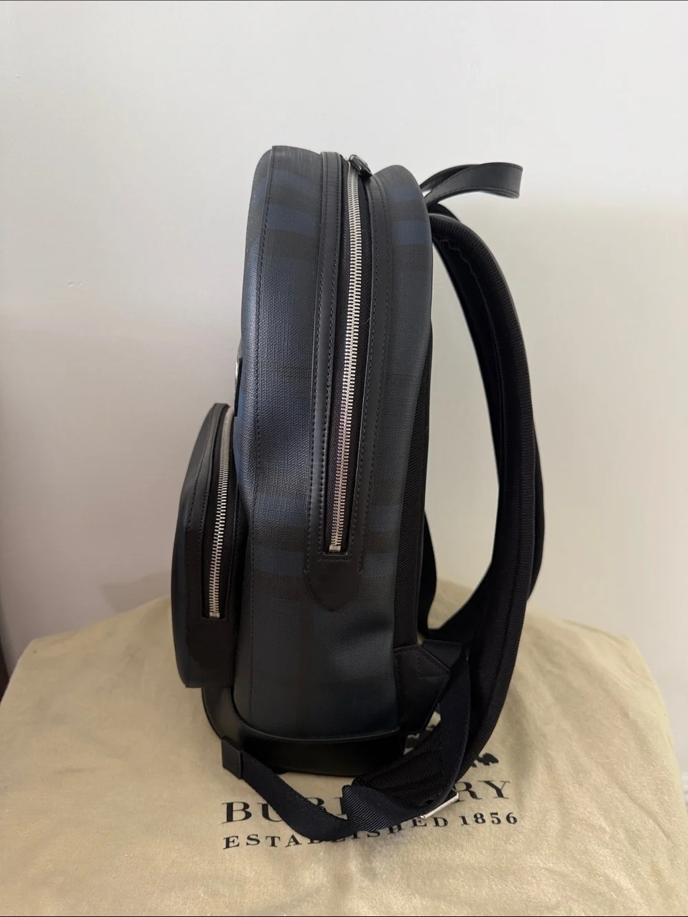 New Burberry Marden Black and Navy Check Leather-Trim Backpack